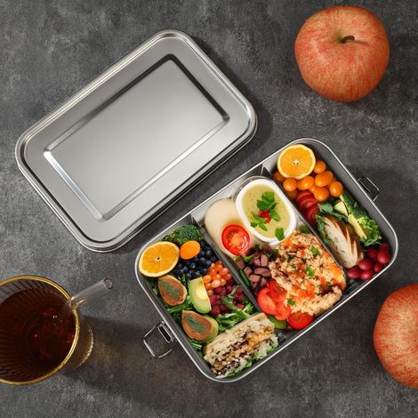 Edelstahl Lunchbox, 1150ml Edelstahl Snackbox, Edelstahl Essensbox mit 2 herausnehmbaren Fächern, Geeignet für Büro, Schule, Camping, Kinder und Erwachsene
