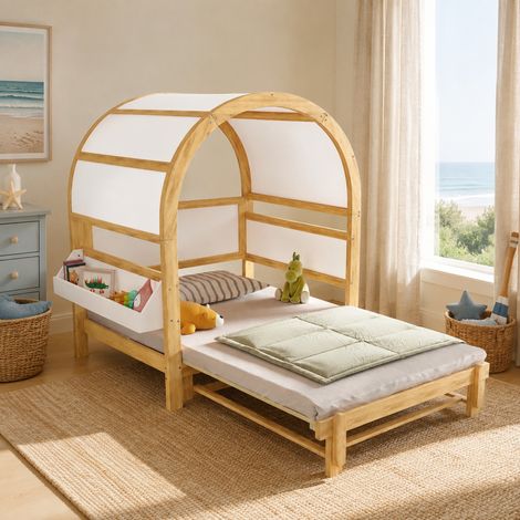 Cama infantil extensible 140 x 200 cm con almacenaje lateral blanco y natural HAVRYA (1/5)