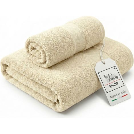 Coppia Asciugamani Viso e Ospite Ecrù - Spugna 100% Cotone 450 g/m² Made in Italy