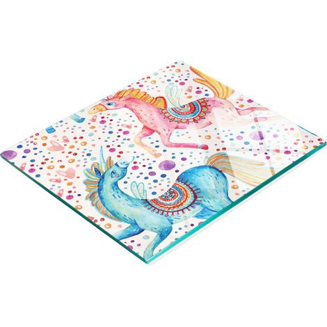 Tablero decorativo multifuncional de vidrio templado con unicornios, 60x52 cm.
