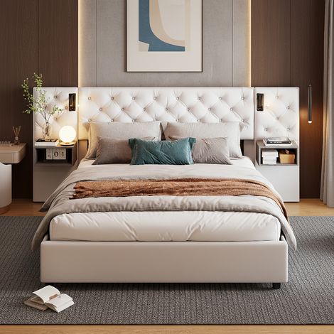 Lit coffre 140x200 cm avec sommier à lattes, tête de lit capitonnée en velours, éclairage LED intégré, 2 tables de chevet suspendues, beige (1/5)