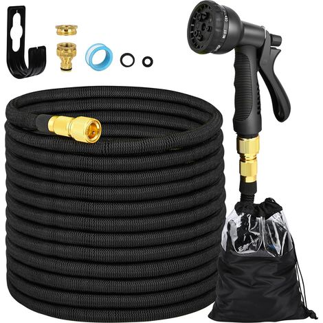 30m Expandable Garden Hose with 8 Spray Models Fits 1/2" and 3/4" Taps Durable Metal Fittings for Garden Cleaning, Car Washing, Watering (Black) (1/5)
