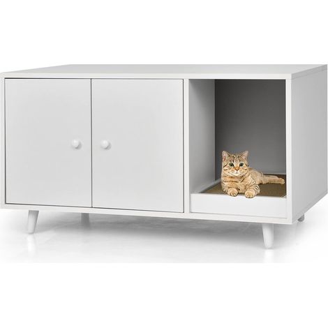 COSTWAY Maison de Toilettes pour Chat à Double Portes, Meuble à Litière en Bois pour Chat avec Griffoir, Meuble TV pour Litière Cachée de Chat avec Pieds Surélevés Amovibles (Blanc)