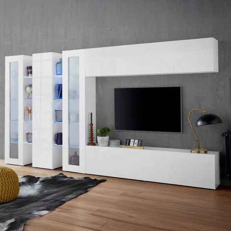 Dmora - Pared Equipada Dbenal, Conjunto de salón Mueble TV con 5 puertas, Mueble de salón polivalente, 100% Made in Italy, cm 340x30h180, Blanco brillante (1/5)