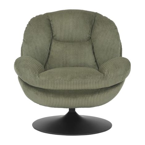 M&S – Fauteuil relax pivotant en velours côtelé vert olive – Coque rembourrée en mousse polyuréthane – Structure en métal – Dimensions 81x84x84cm (1/3)