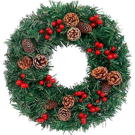 Couronne de Noël artificielle avec pommes de pin, baies rouges et guirlande lumineuse LED pour porte d'entrée, mur, décoration de style champêtre, extérieur, intérieur, articles de fête, 30 cm (1/5)