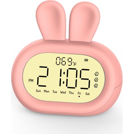 Niedlicher digitaler Wecker in Hasenform für Kinder mit Wochen-/7-Tage-Modus, Schlummerfunktion, einstellbarem Nachtlicht, einstellbarer Lautstärke, Thermometer, 3 wiederaufladbaren Weckern, Rosa (1/5)