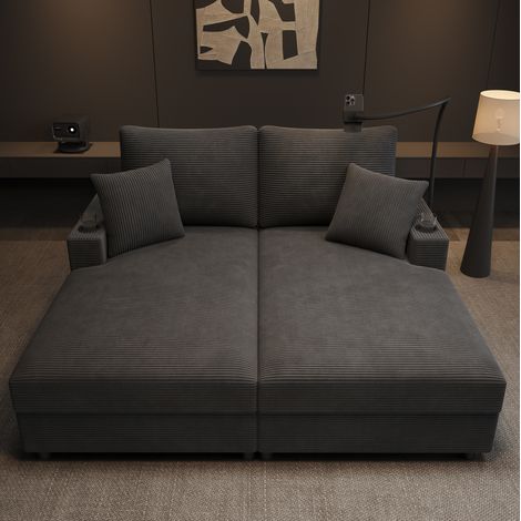 Sofa 2-Sitzer 163/140/82 cm in Cord grau mit Handyhalter, USB und Getränkehaltern (1/5)