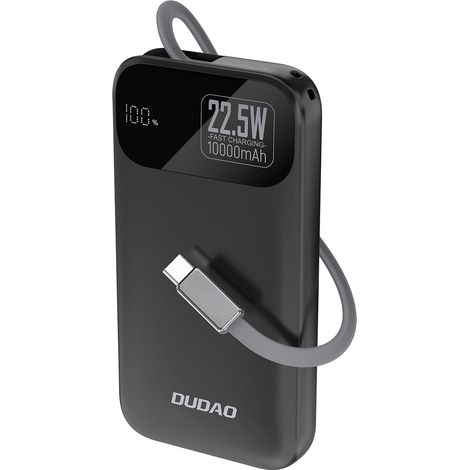 Batería externa Dudao K31 de 10000 mAh y 22,5 W con carga PD y cable integrado - Negra