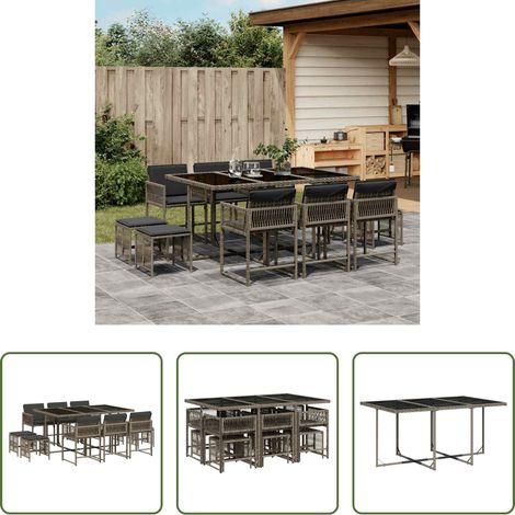 Gartentisch - 11-tlg. Garten-Essgruppe mit Kissen Grau Poly Rattan (1/5)