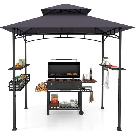 COSTWAY Gazebo per Barbecue, Pergola per BBQ con 2 Ripiani Laterali, Cestino, Ganci Appendiutensili, Apribottiglie, Copertura a 2 Livelli, per Giardino e Cortile, 242 x 153 x 250 cm (Grigio Scuro) (1/5)