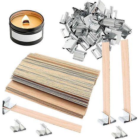Holzdochte für Kerzen (200 Stück), Holzdochte zur Kerzenherstellung, Holzdochte mit Klammern und Metallfuß (1/5)