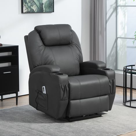 Sillón relax eléctrico con función masaje, reclinable hasta 165°, reposapiés abatible, cuero regenerado gris oscuro (1/5)