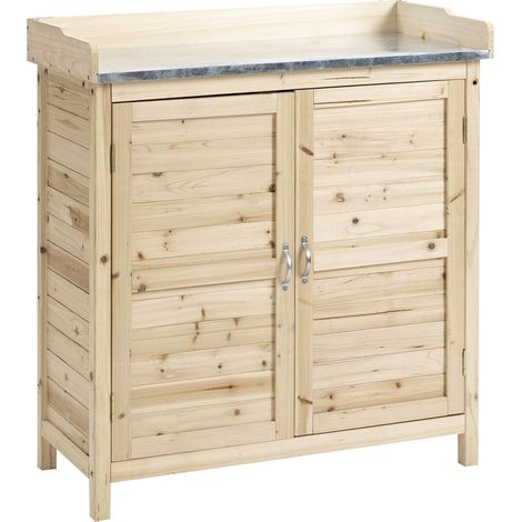 Meuble de jardin 2 compartiments plan de travail métal rebord surélevé bois naturel 83 x 40 x 92 cm