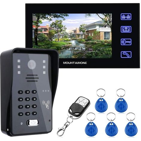 Caméra de sécurité sans fil avec sonnette vidéo Sonnette d'interphone vidéo de 7 pouces avec mot de passe RFID 1000TV ligne caméra système de contrôle d'accès à distance sans fil Installation facile (1/5)