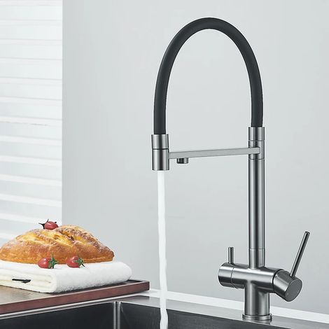 (Gris anthracite) Robinet de cuisine avec filtre, pivotant à 360°, robinet d'eau pure pour 3 modes de distribution, mitigeur extractible avec double poignée. (1/5)