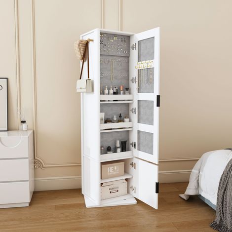 Miroir pivotant 360° armoire 4-en-1, coiffeuse pleine hauteur avec compartiment à bijoux, étagère et patères, meuble gain de place en panneau MDF blanc pour chambre, dressing rotatif multifonction (1/5)
