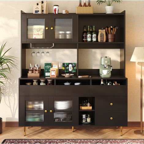 Aparador alto 145x39x171 cm con estantes, 4 puertas, 5 cajones, patas de metal dorado, en MDF, negro (1/5)