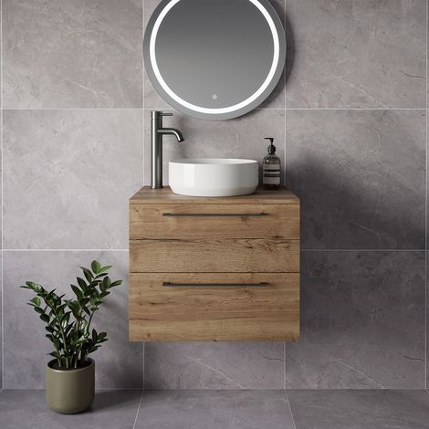 Napoli 460 Tobacco Oak 600mm Wall Mounted 2 Drawer Vanity Unit for Countertop Basins - 600mm - Gunmetal Grey 320mm Handle