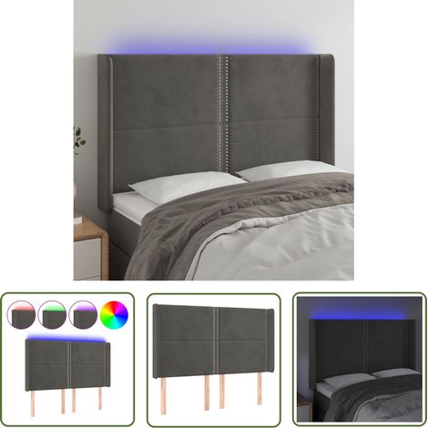 The Living Store Tête de lit à LED Gris foncé 147x16x118/128 cm Velours - Tête De Lit Led - Tête De Lit Velours - Tête De Lit Moderne - Éclairage Led - Têtière De Lit (1/5)