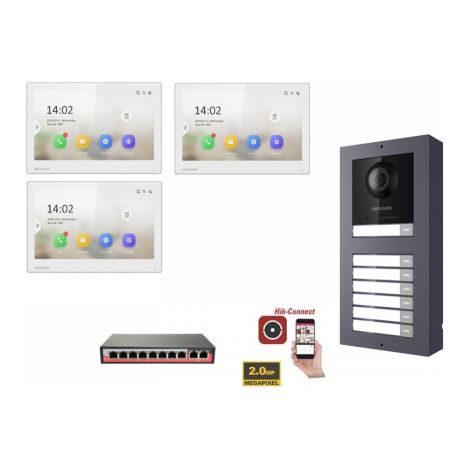 KIT Videocitofono IP Poe Hikvision 3 appartamenti Monitor 7 pollici Bianco WIFI smart telecamera 2 mpx