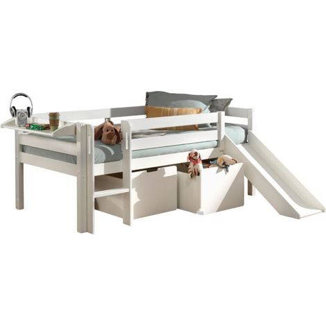 Pack - Lit Enfant Surélevé, 2 Tiroirs & Étagère "Pino" Blanc (1/5)