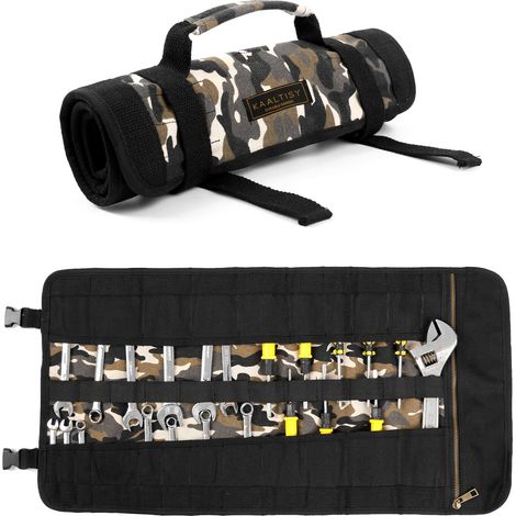 Sac à outils enroulable en toile cirée avec poignée, toile cirée robuste de 16 oz (23 poches et 2 boucles réglables), porte-outils pour mécanicien charpentier 66 x 33 cm Camouflage (1/5)