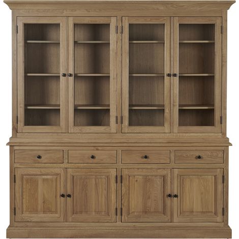Hellin – Buffet vaisselier en chêne massif 4 portes vitrées – 4 tiroirs – Finition patinée – Dimensions généreuses pour salle à manger (1/5)