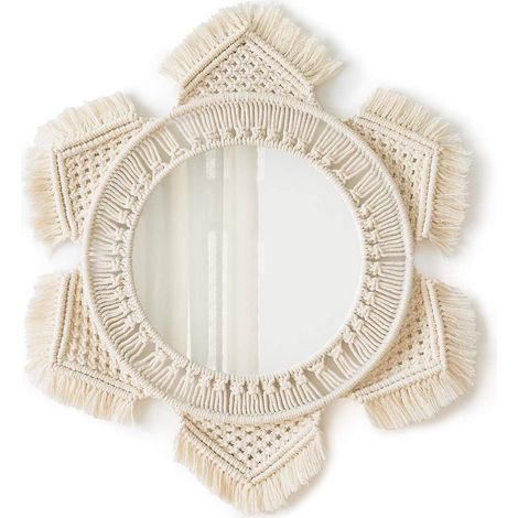 Miroirs muraux à bordure macramé, style bohème, miroirs circulaires, miroirs Art déco, pour appartement, salon, chambre, chambre d'enfant, dortoir, entrée, ivoire. Couleur : ivoire. (1/4)