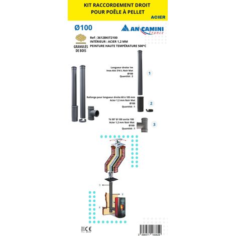 AN CAMINI Kit raccordement droit pour poêle à pellets – acier noir 1,2mm Ø100 – avec longueurs droites, rallonge ajustable, té 90°