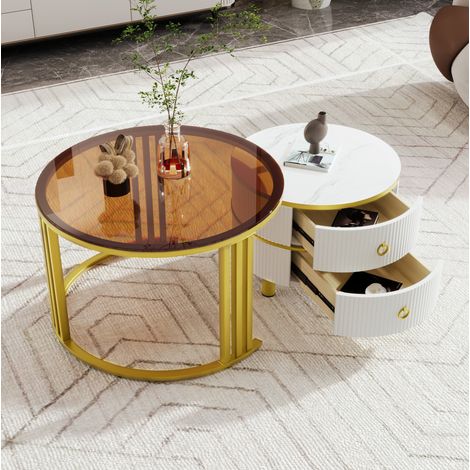 Table basse ronde 70x70x45 + 50x50x40 cm blanche en verre et MDF avec 2 tiroirs et design gain de place (1/5)