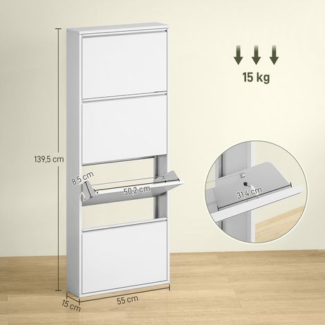 Meuble à chaussures étroit en métal blanc, pouvant contenir jusqu'à 8 paires de chaussures, avec 4 tiroirs inclinables. Idéal pour une entrée ou un couloir. (1/5)
