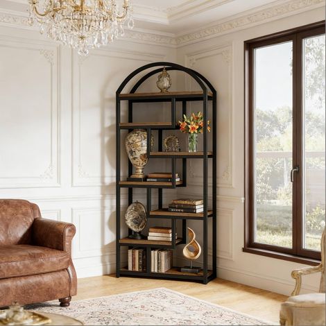 Estantería librería 180x30x180 cm negro y marrón rústico en MDF y metal con 7 niveles y pies ajustables (1/4)