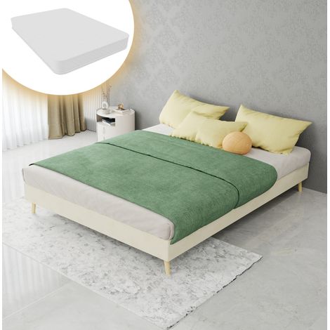 Lit moderne en tissu et métal beige 140x200 cm, cadre bas avec matelas inclus, sans tête de lit (1/5)