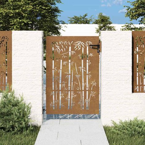 Portail de jardin 85 x 150 cm en acier Corten, motif bambou