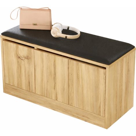 Banc à Chaussures avec Coussin 3 Portes 4 Niches Chêne L 90 H 45.8 P 35.5 cm (1/5)