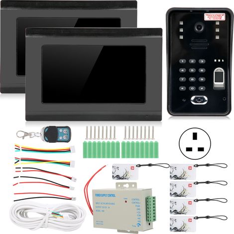 Visiophone filaire WiFi 7 pouces, 2 moniteurs, déverrouillage par empreinte, mot de passe, carte RFID, sonnette nocturne, alimentation 100‑240V prise UK. (1/5)