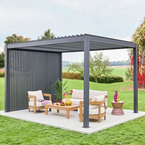 Pergola bioclimatique. aluminium. 3x4m. lames orientables + 3 persiennes verticales 100cm anthracite