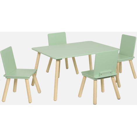 Mesa rectangular infantil de madera de pino, 4 sillas