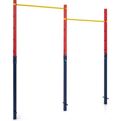 COSTWAY Barre de Traction Extérieure, Barre de Fitness Réglable en Hauteur sur 5 Niveaux, Protections Anti-chocs, pour Enfants Adolescents Adultes, pour Gymnastique Parc, 227 x 5 x 231,5 cm (Rouge) (1/5)