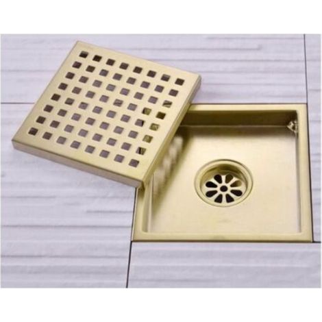 Caniveau de douche carré en acier inoxydable doré 15 x 15 cm avec couvercle de siphon de sol, noyau en laiton déodorant, or brossé (1/3)