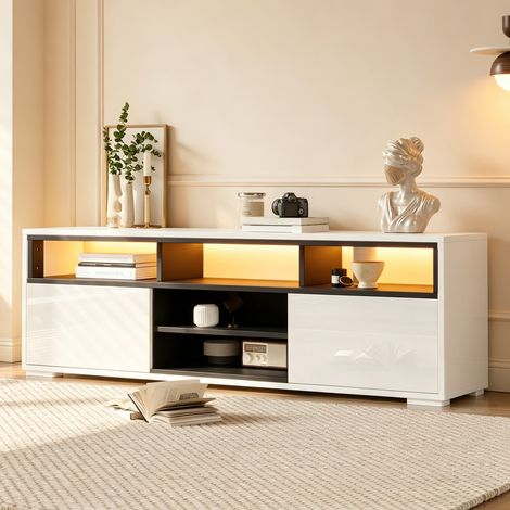 Tkopy - Meuble tv 150 cm longueur, Dimensions 150 × 35 × 50 cm, meuble tv LED, meuble tv avec rangement, meuble bas à deux portes, 8 compartiments de rangement, meuble TV bicolore noir et blanc (1/5)