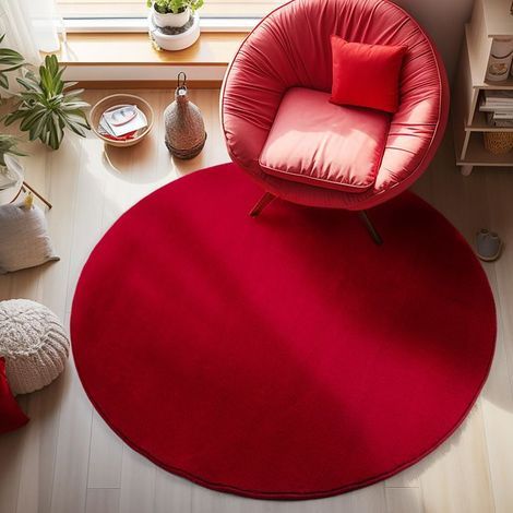 Carpetsale24 Tapis salon 160 cm Rond Rouge Uni moderne et moelleux à poil court, avec sous-couche antidérapante, lavable