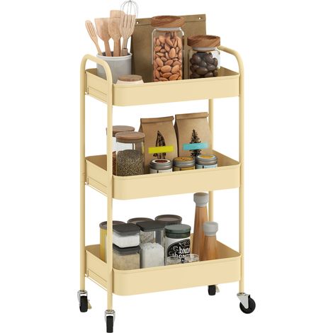 HOMCOM carrito auxiliar con ruedas de 3 niveles, carrito de cocina con 3 cestas y 2 asas para baño, dormitorio, oficina, 45x30,6x79 cm, amarillo