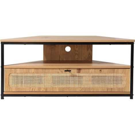Calicosy – Meuble TV d'angle 1 porte rotin naturel – Pieds métal noir – Longueur 100 cm – Largeur 30 cm – Hauteur 45 cm – Décor bois (1/5)