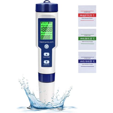 Testeur de qualité d'eau 5 en 1 pour piscines, pH-mètre électronique, convient à l'eau potable, aux aquariums et aux spas (1/5)