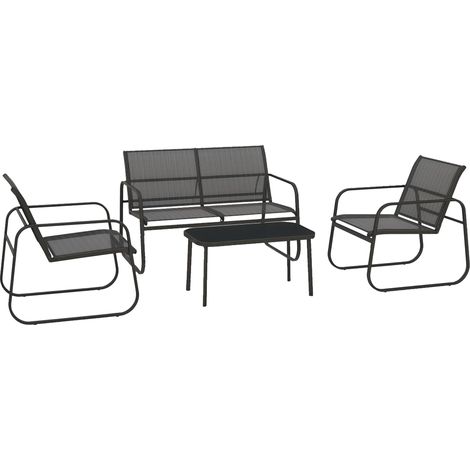4-teiliges Gartenmöbelset, 2-Sitzer-Sofa, 2 Sessel, Glastisch, atmungsaktiver Stoff, Metallgestell, schwarze Farbe
