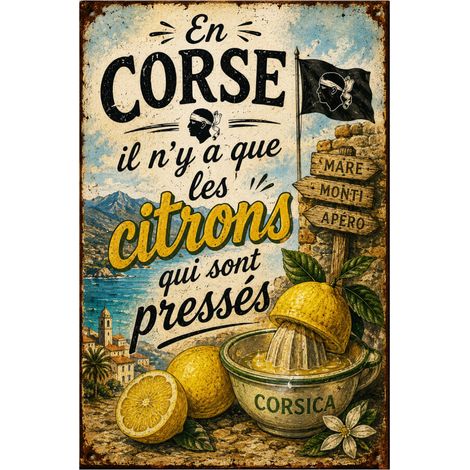 Plaque Métal Vintage Corse Citrons Décoration Murale 30 x 20 cm