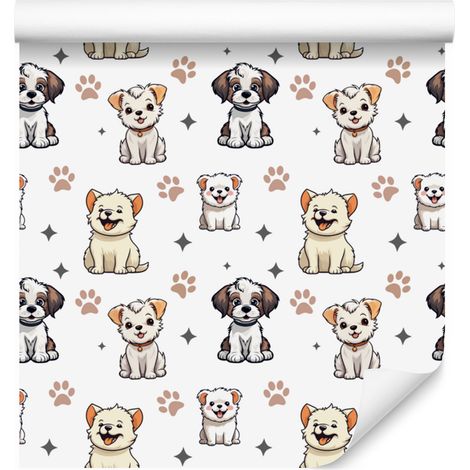 Carta da parati con cani, bianca e grigio chiaro, per soggiorno e camera da letto, 50x1000 cm (1/5)
