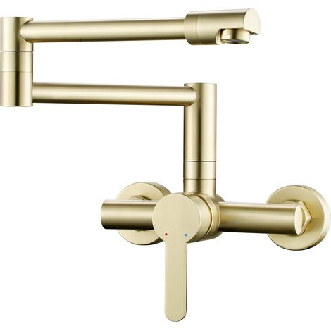Robinet de Cuisine Or Brossé Laiton Robinet Mitigeur Mural Monocommande avec Bras Oscillant et Chaude et Froide Réglable Robinet Évier Rotatif à 360° pour Salle de Bain et Cuisine
